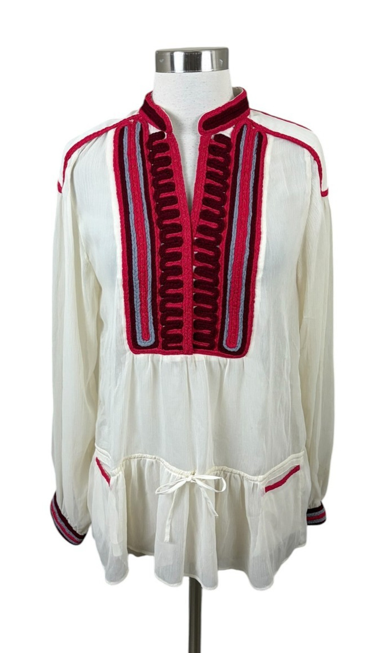 PAUL & JOE Sister Cream Red Embroidered Tie Waist Blouse Boho Size 3 Large